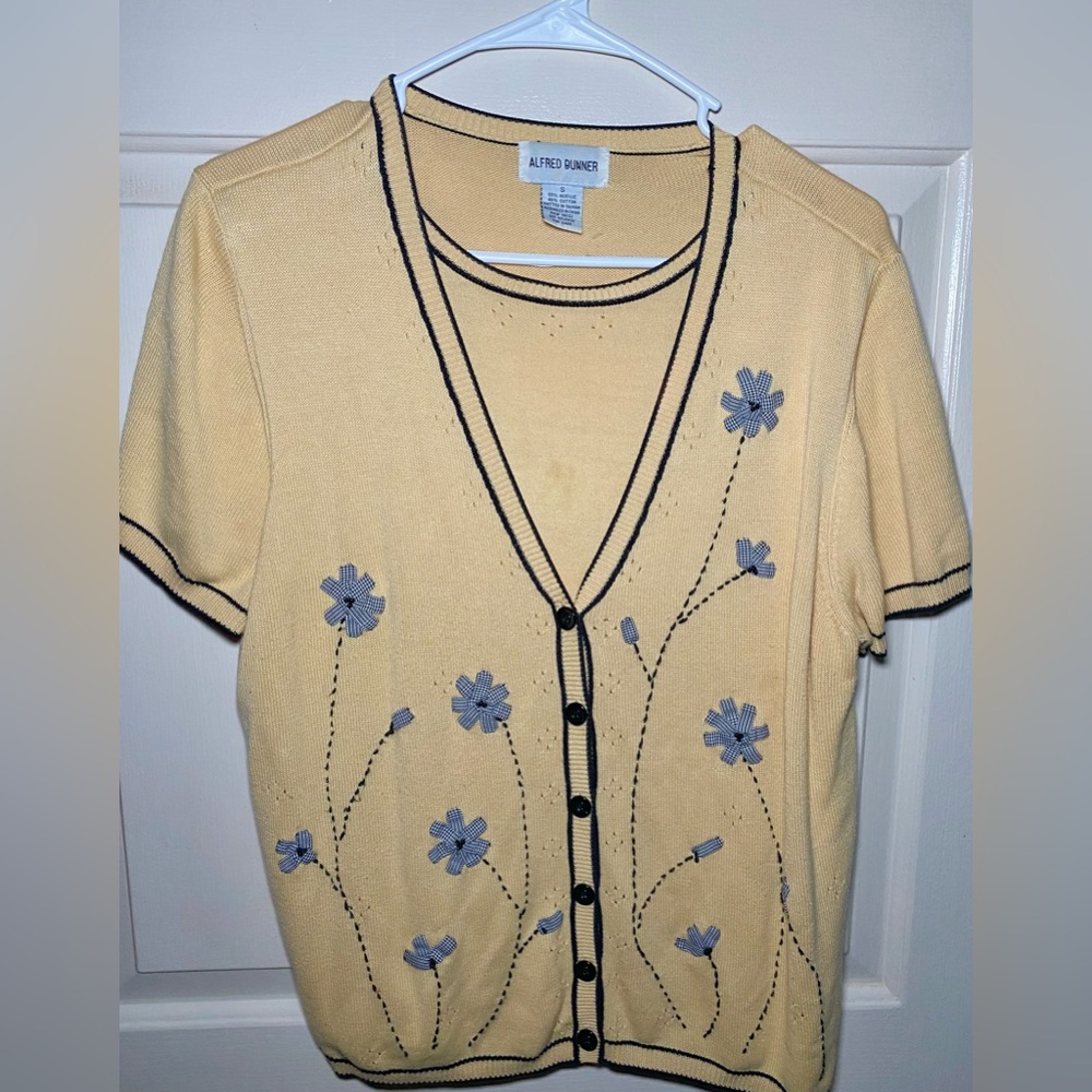 Vintage Alfred Dunner‎ Women Floral Short Sleeve Lined Cardigan Sweater Yellow S